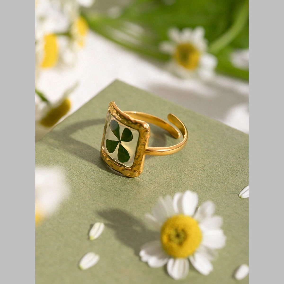 Clover Square Transparent Flower Green Gold Anti Tarnish Ring Bulk