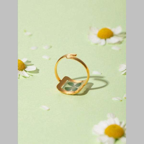 Clover Square Transparent Flower Green Gold Anti Tarnish Ring Bulk Secondary image
