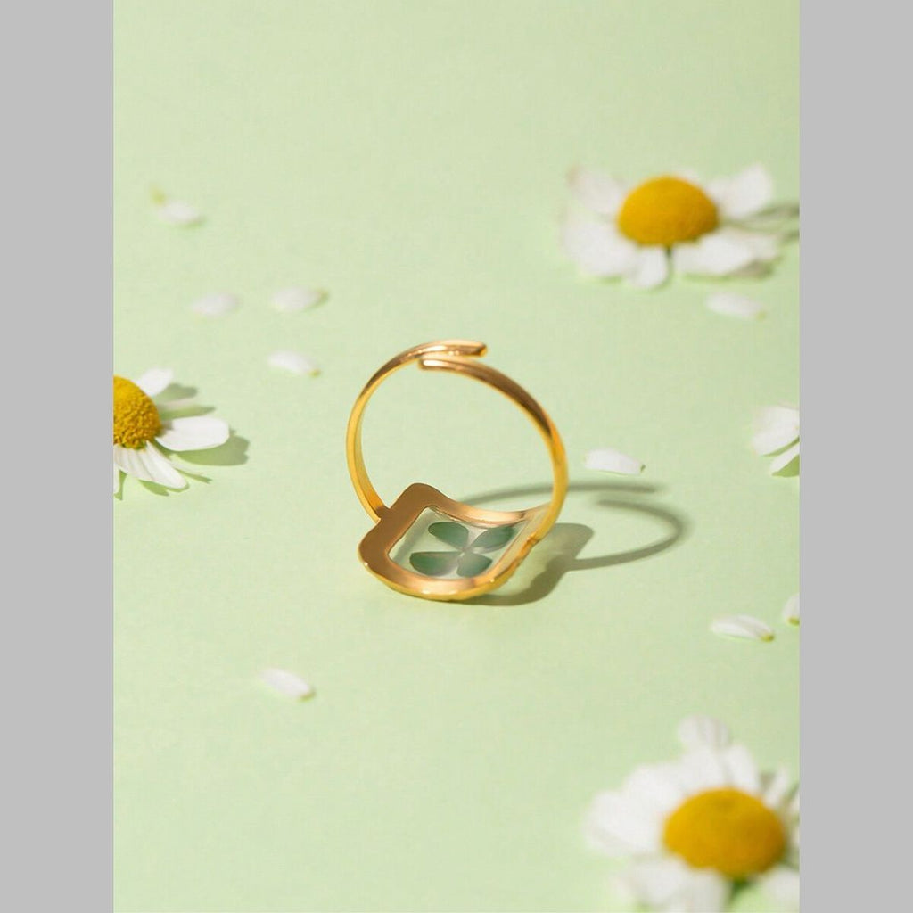 Clover Square Transparent Flower Green Gold Anti Tarnish Ring Bulk
