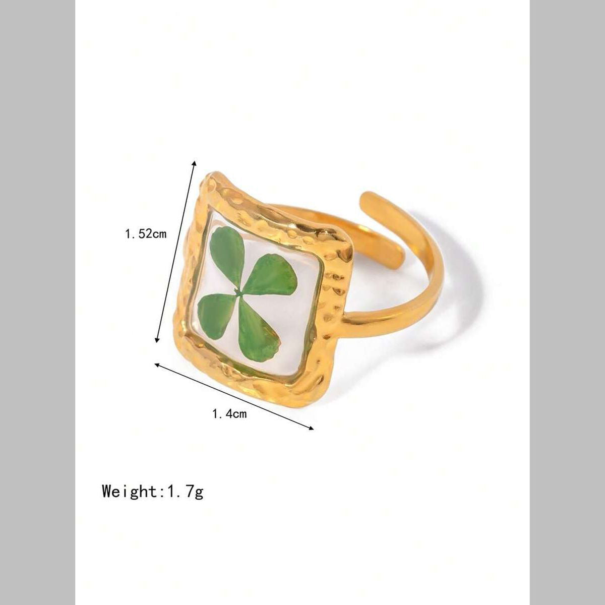 Clover Square Transparent Flower Green Gold Anti Tarnish Ring Bulk
