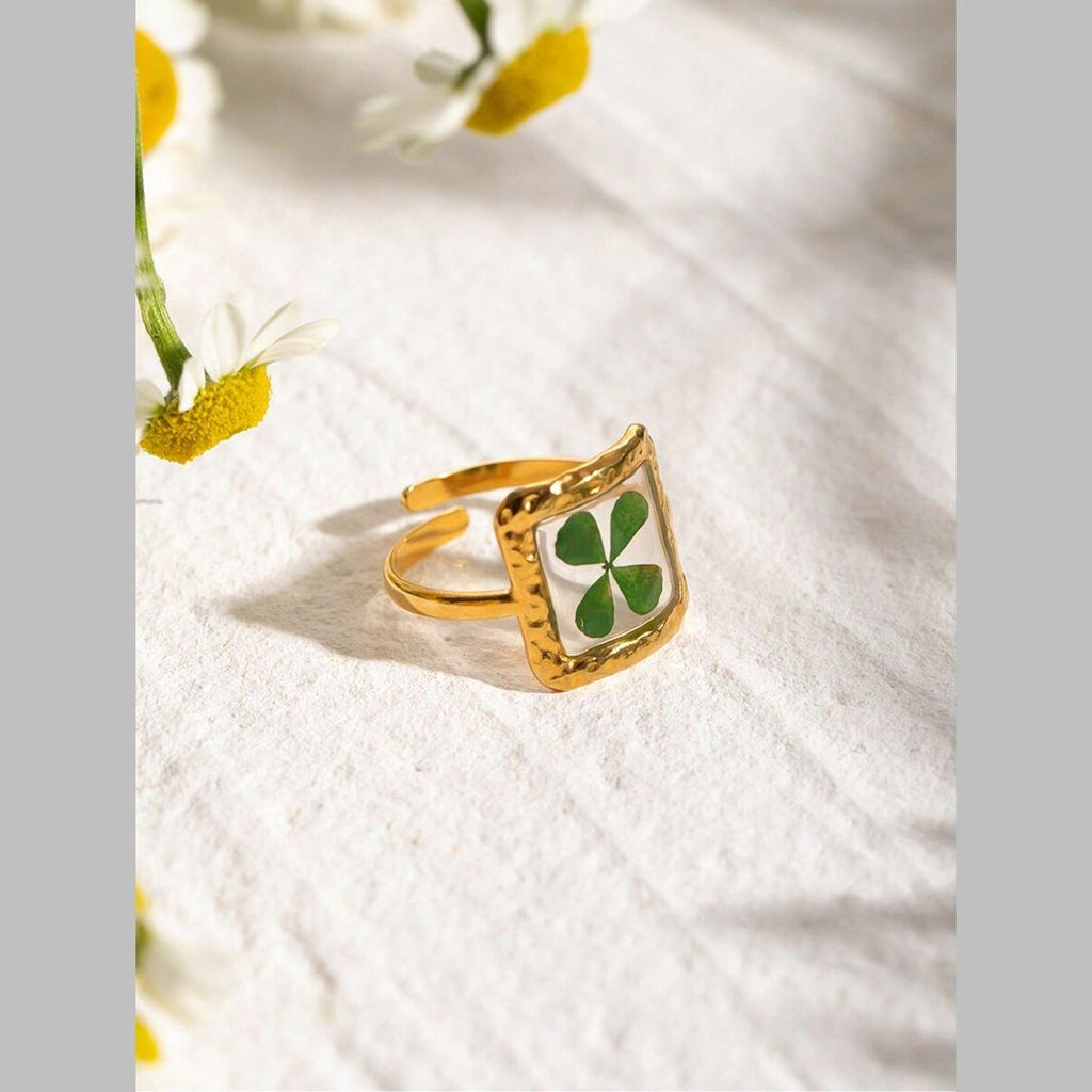 Clover Square Transparent Flower Green Gold Anti Tarnish Ring Bulk