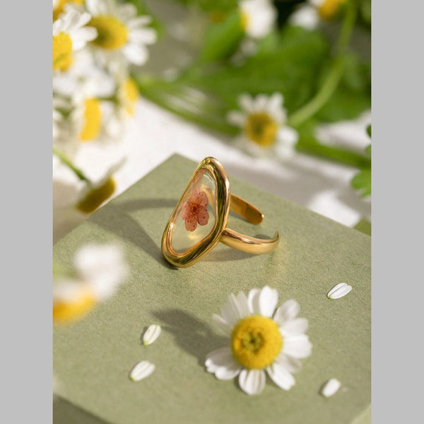 Flower Oval Transparent Red 18K Gold Anti Tarnish Free Size Ring Bulk Main image