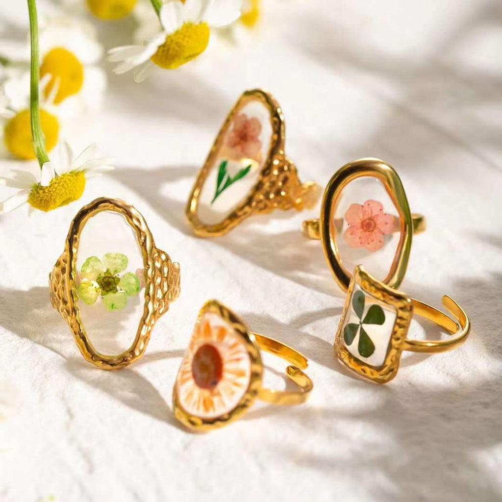 Flower Oval Transparent Red 18K Gold Anti Tarnish Free Size Ring Bulk
