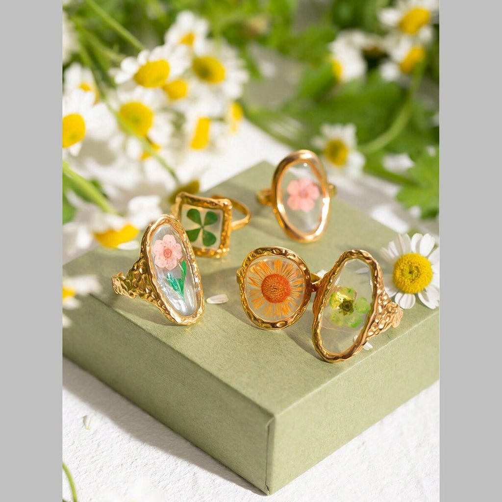 Flower Oval Transparent Red 18K Gold Anti Tarnish Free Size Ring Bulk