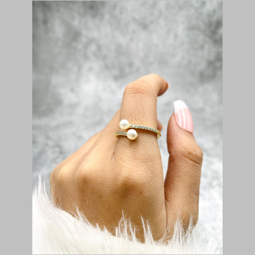 Dual Pearl CZ White 18K Gold Anti Tarnish Adjustable Ring Bulk