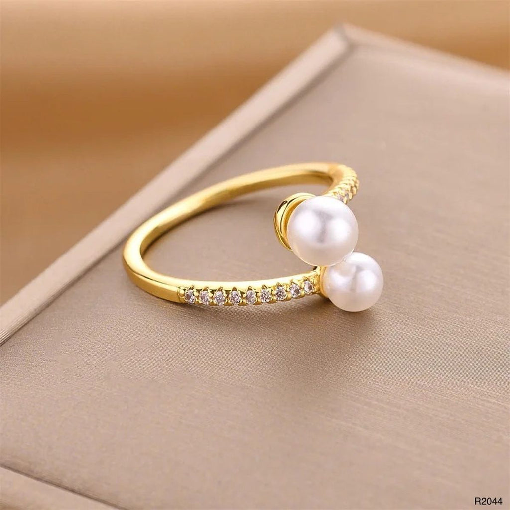Dual Pearl CZ White 18K Gold Anti Tarnish Adjustable Ring Bulk