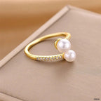 Dual Pearl CZ White 18K Gold Anti Tarnish Adjustable Ring Bulk