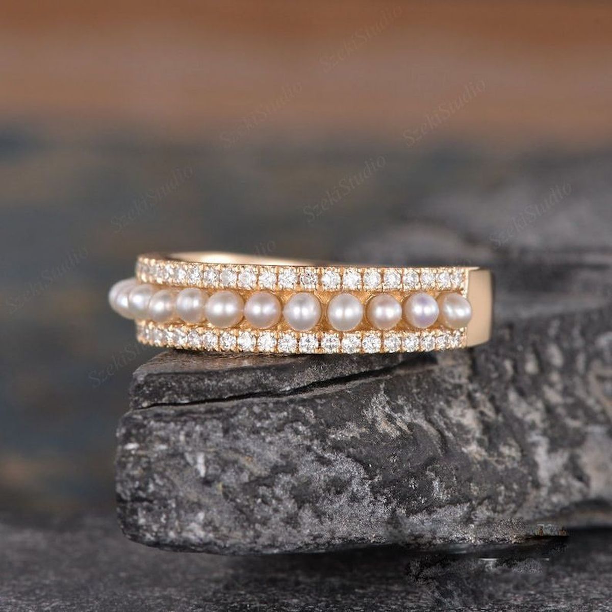 Pearl Surface CZ White 18K Gold Anti Tarnish Adjustable Band Ring Bulk