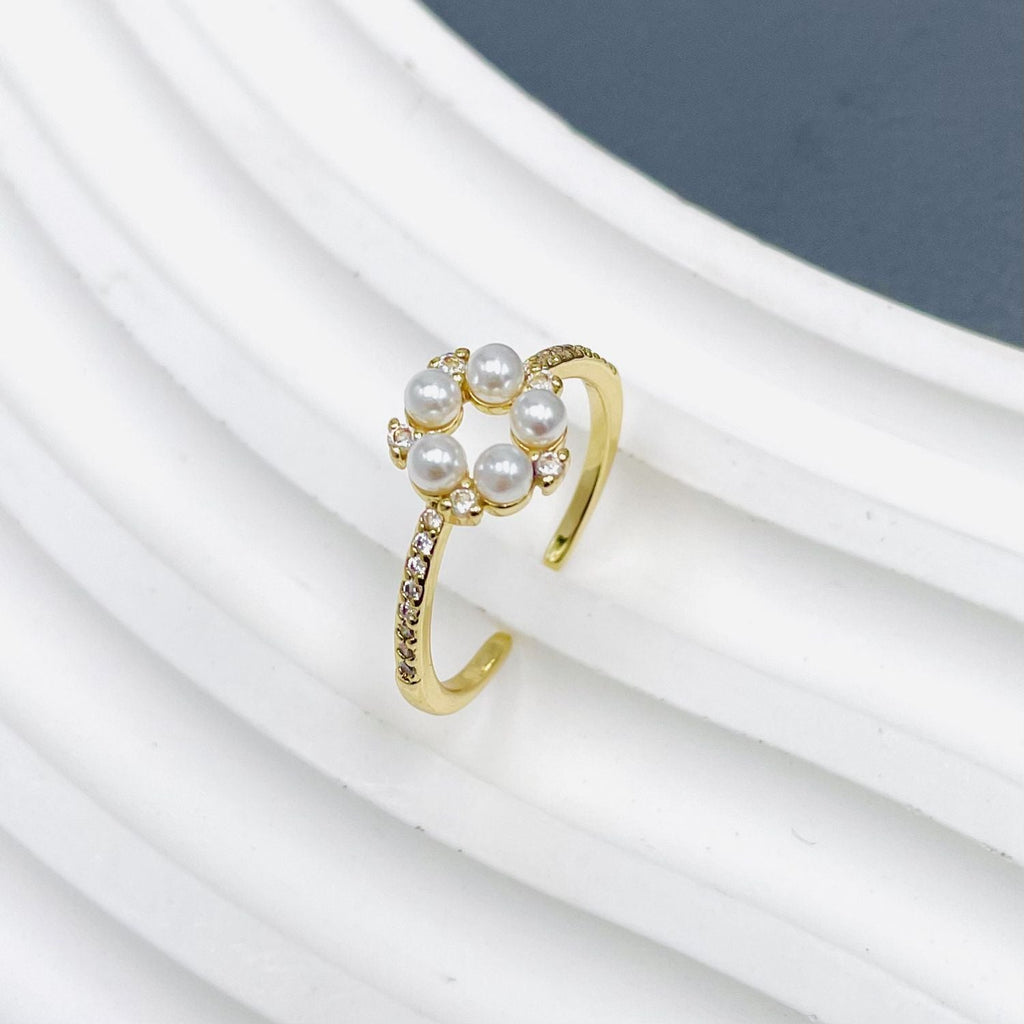 Flower CZ Pearl White 18K Gold Anti Tarnish Adjustable Ring Bulk