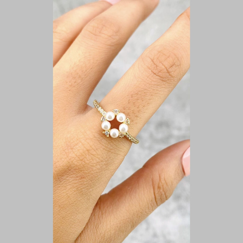 Flower CZ Pearl White 18K Gold Anti Tarnish Adjustable Ring Bulk