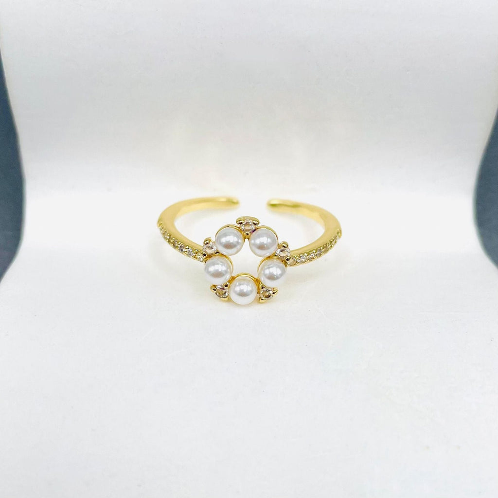 Flower CZ Pearl White 18K Gold Anti Tarnish Adjustable Ring Bulk
