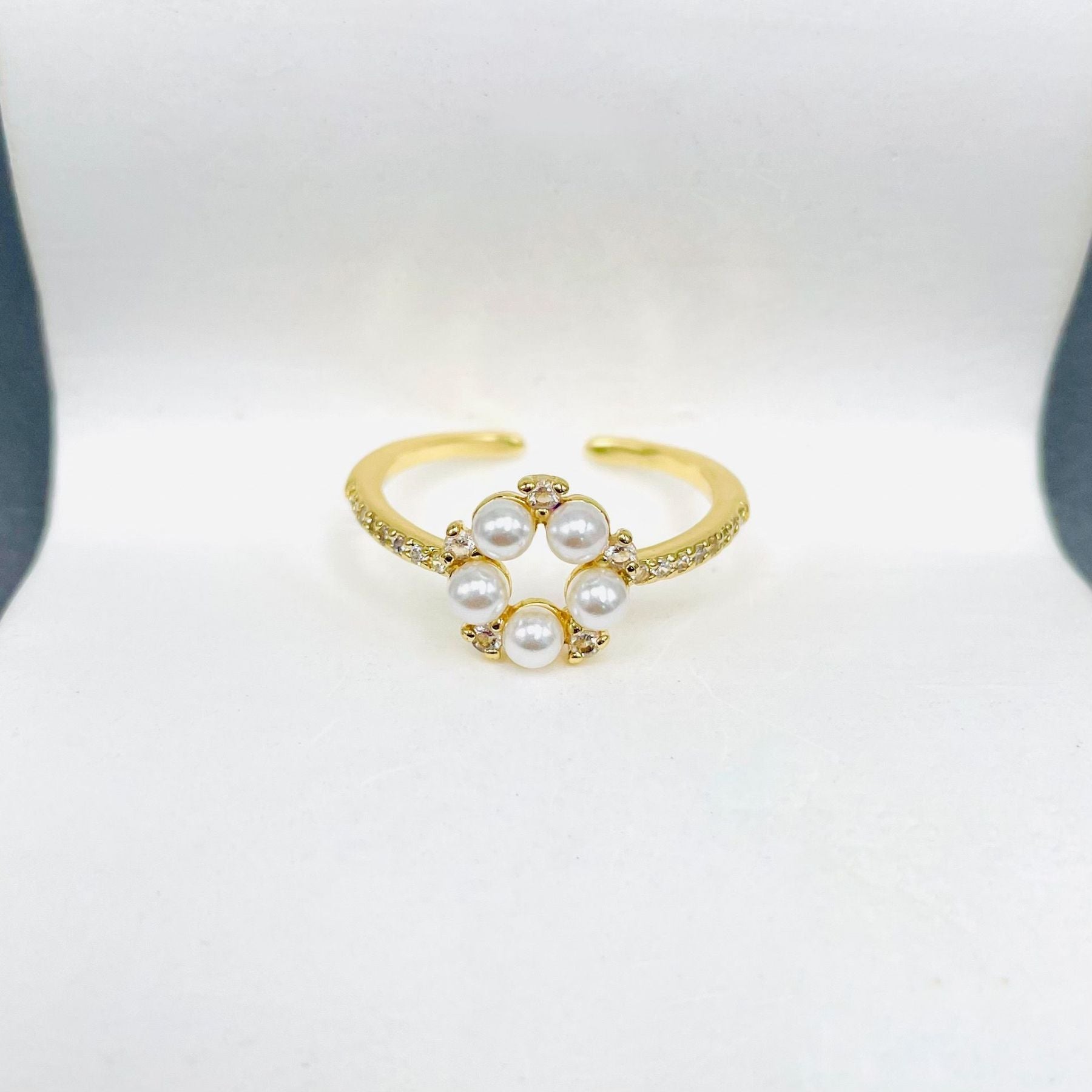 Flower CZ Pearl White 18K Gold Anti Tarnish Adjustable Ring Bulk