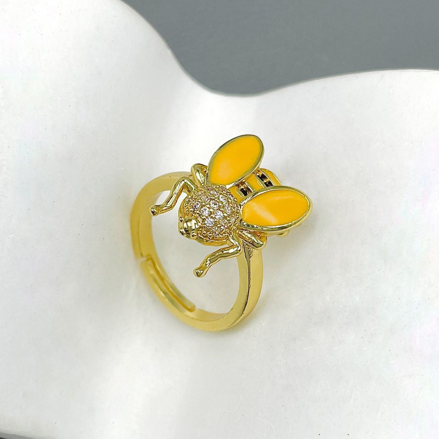 Honey Bee CZ Enamel Yellow 18K Gold Anti Tarnish Adjustable Ring Bulk Main image