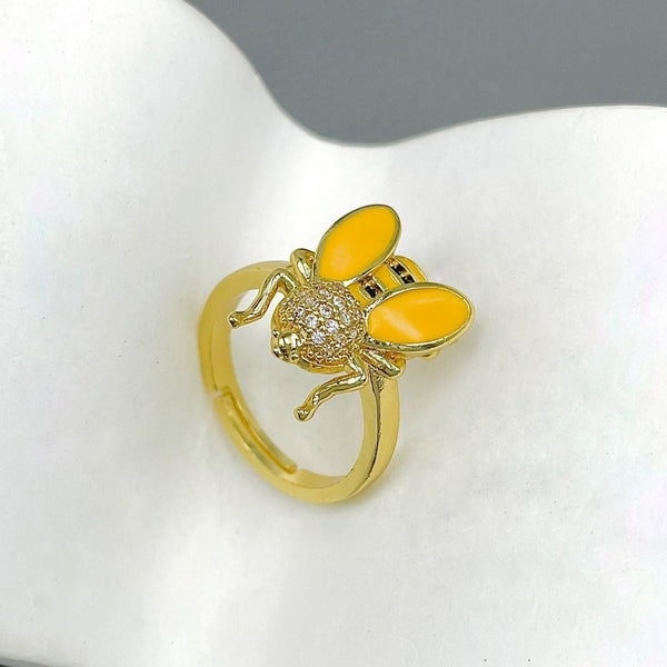 Honey Bee CZ Enamel Yellow 18K Gold Anti Tarnish Adjustable Ring Bulk Main image