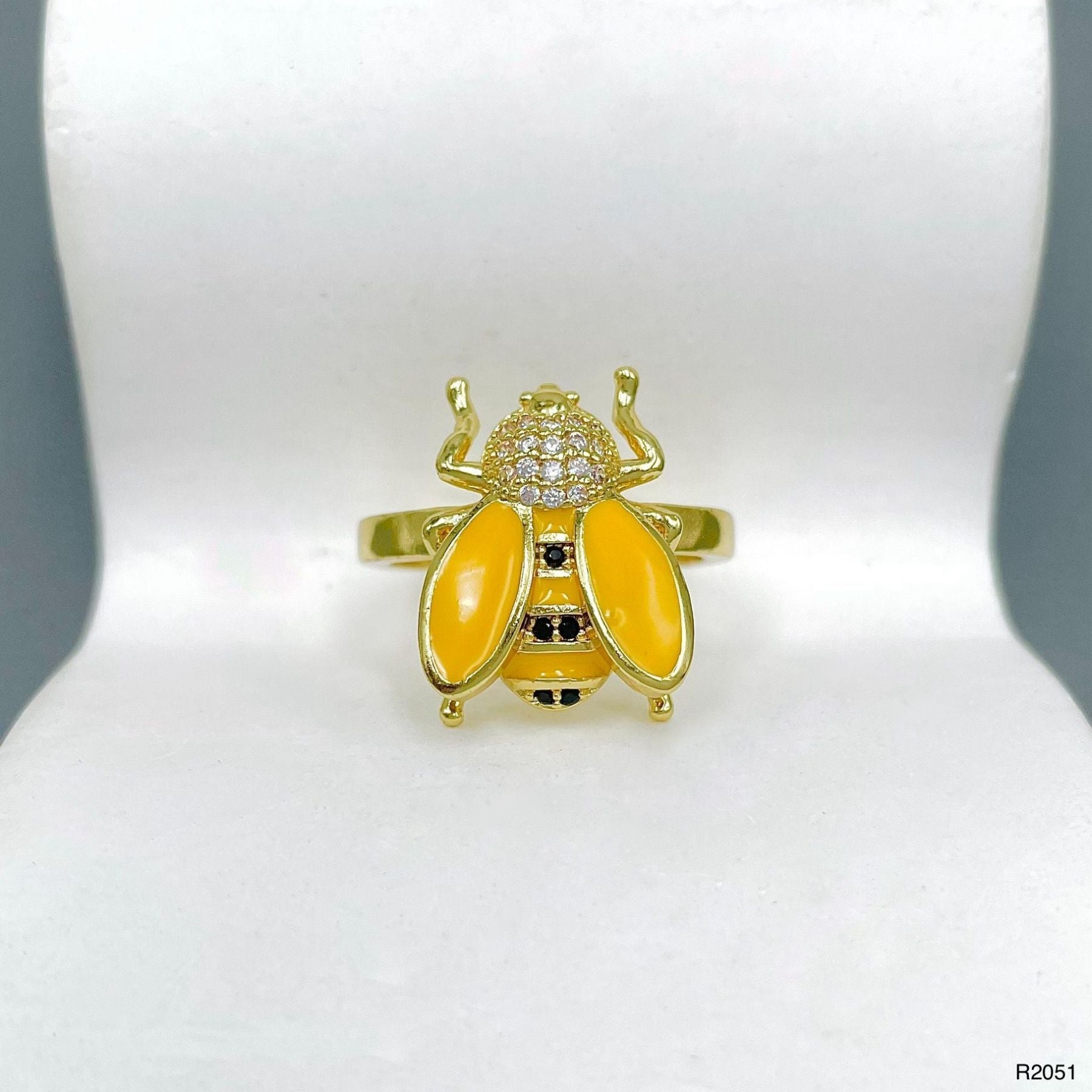 Honey Bee CZ Enamel Yellow 18K Gold Anti Tarnish Adjustable Ring Bulk