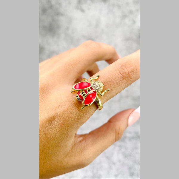 Honey Bee CZ Enamel Red 18K Gold Anti Tarnish Free Size Ring Bulk Main image