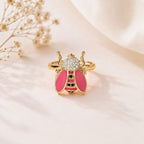 Honey Bee CZ Enamel Pink Red Gold Anti Tarnish Free Size Ring Bulk