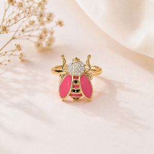 Honey Bee CZ Enamel Pink Red Gold Anti Tarnish Free Size Ring Bulk