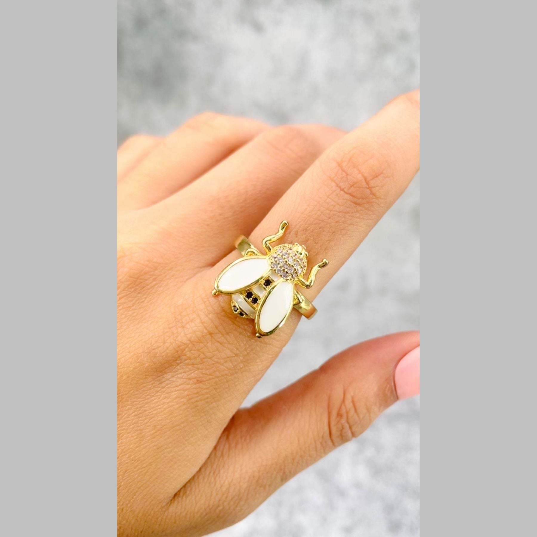 Honey Bee CZ Enamel Yellow 18K Gold Anti Tarnish Adjustable Ring Bulk