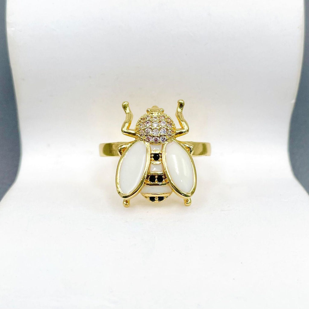Honey Bee CZ Enamel Yellow 18K Gold Anti Tarnish Adjustable Ring Bulk