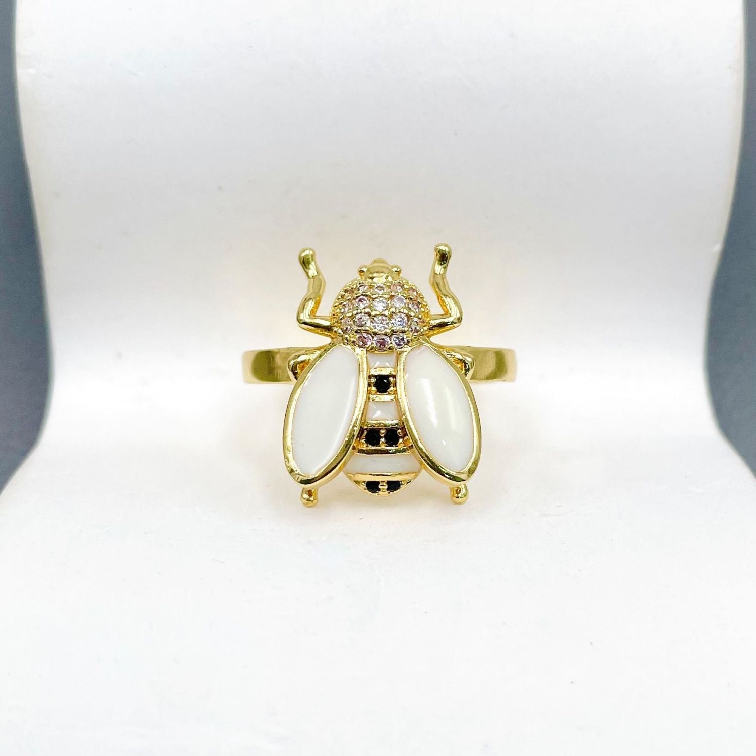 Honey Bee CZ Enamel Yellow 18K Gold Anti Tarnish Adjustable Ring Bulk