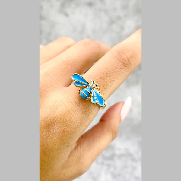 Honey Bee CZ Enamel Blue 18K Gold Anti Tarnish Free Size Ring Bulk Main image
