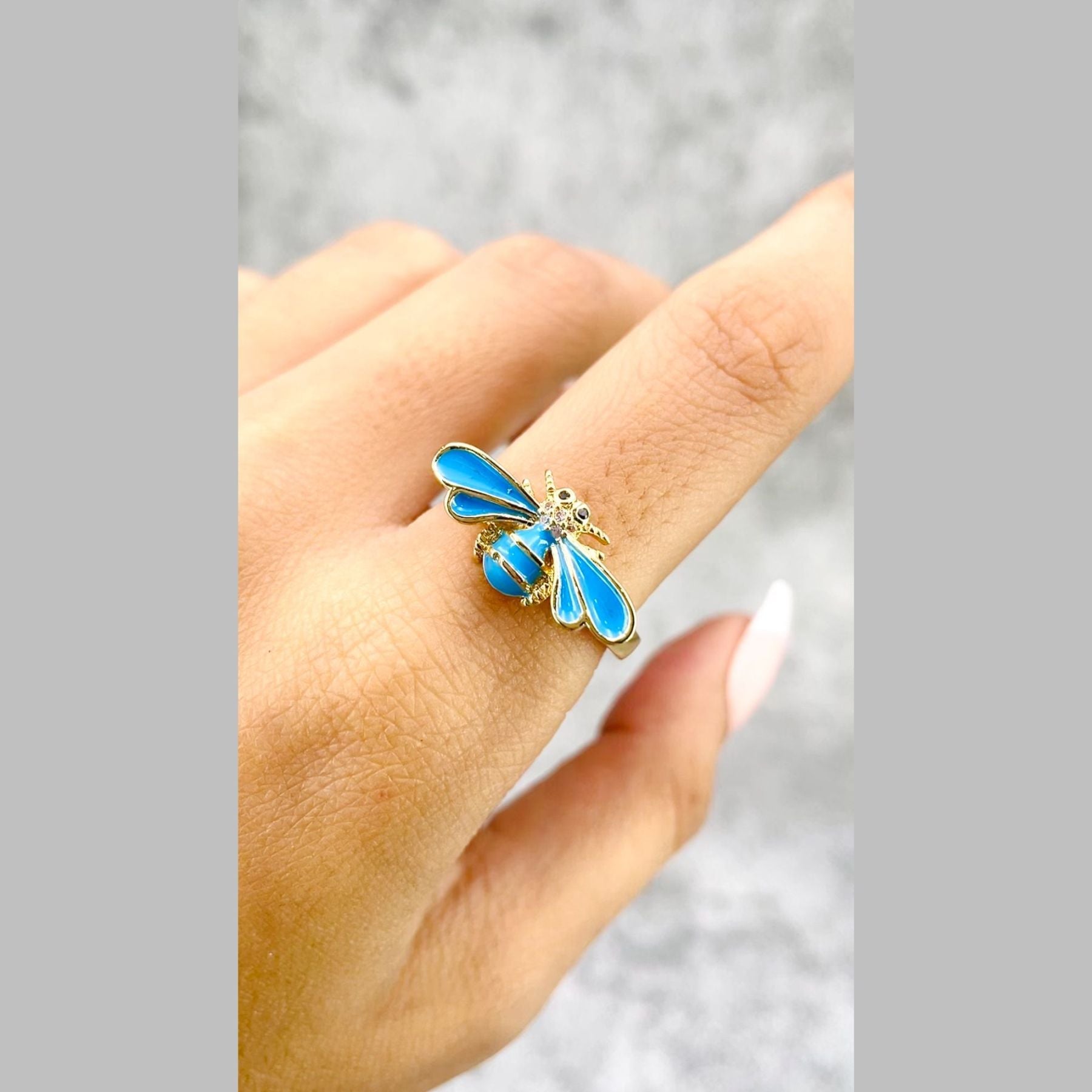 Honey Bee CZ Enamel Blue 18K Gold Anti Tarnish Free Size Ring Bulk