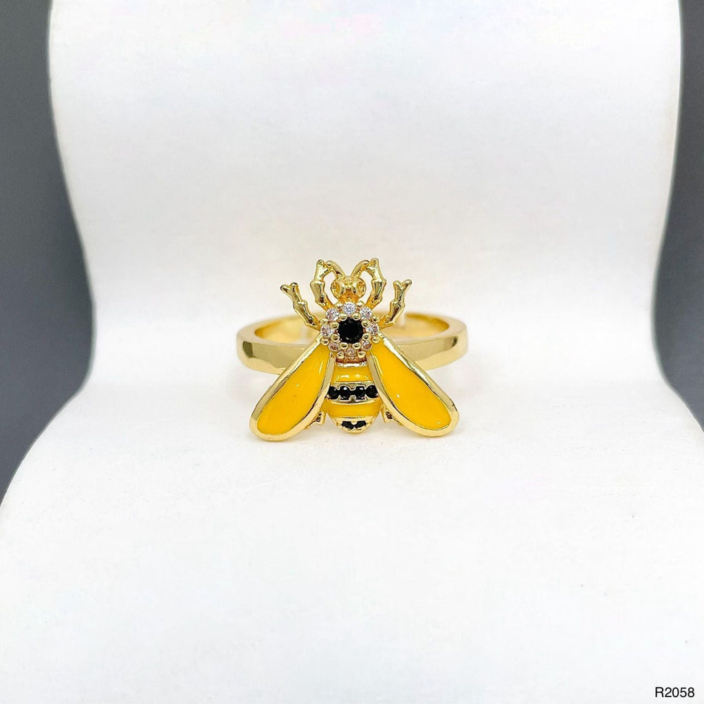 Honey Bee CZ Enamel Yellow 18K Gold Anti Tarnish Adjustable Ring Bulk