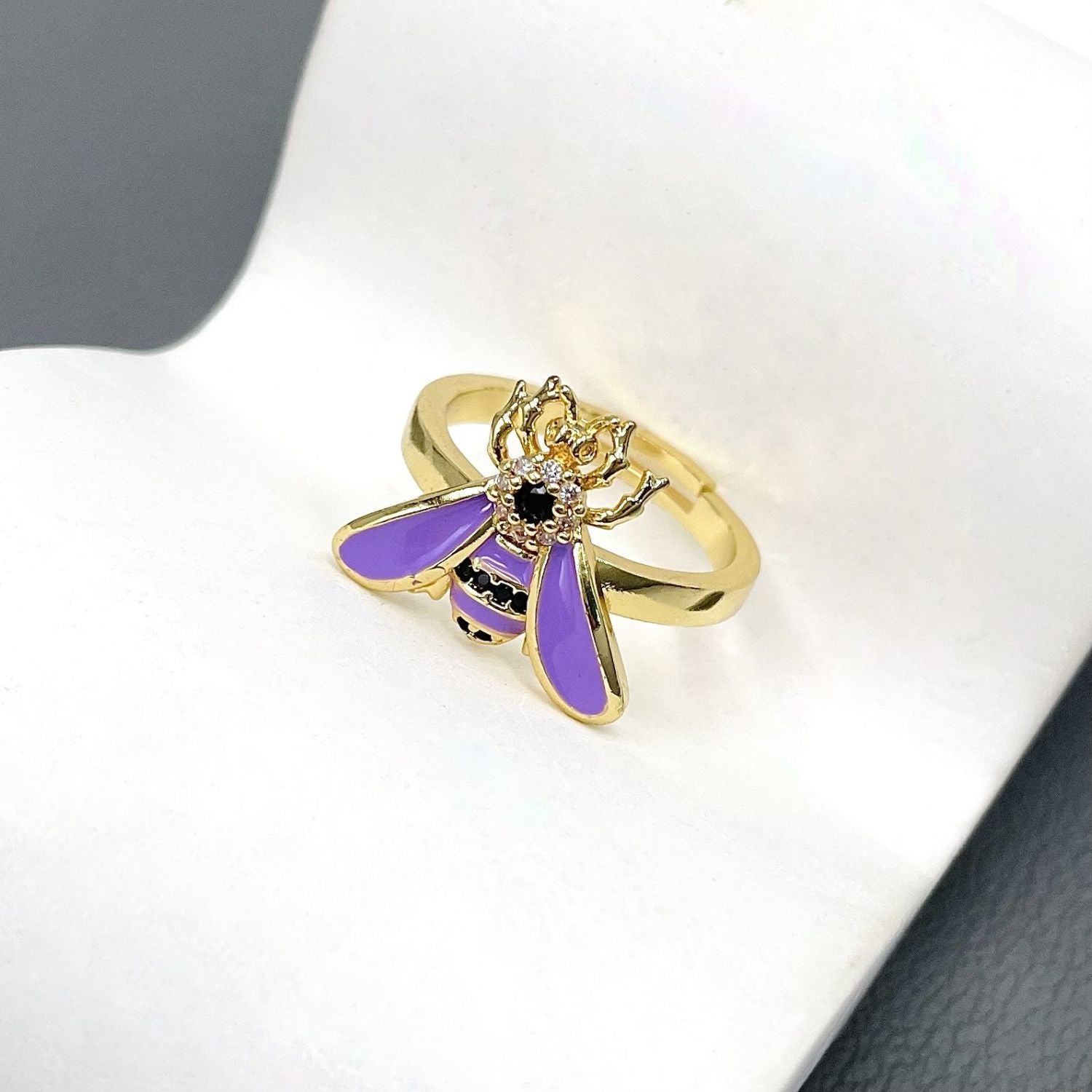Honey Bee CZ Enamel Yellow 18K Gold Anti Tarnish Adjustable Ring Bulk