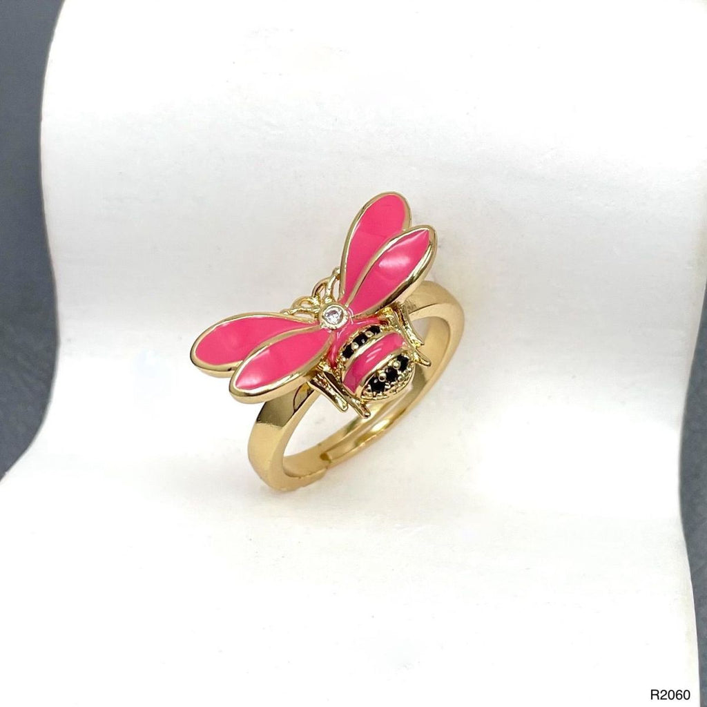 Honey Bee CZ Enamel Pink 18K Gold Anti Tarnish Adjustable Ring Bulk