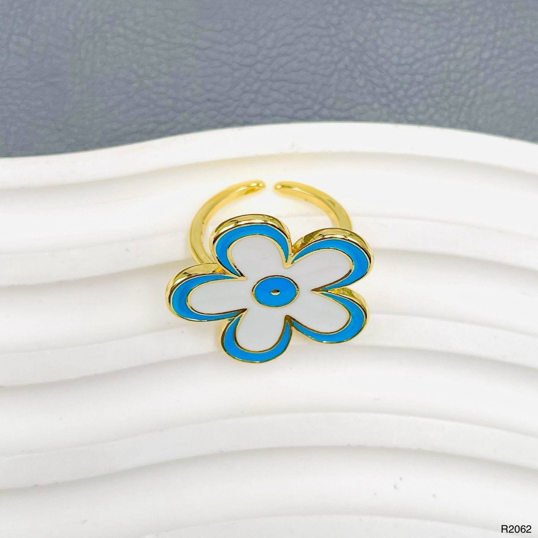 Flower Enamel Blue White 18K Gold Anti Tarnish Adjustable Ring Bulk Main image