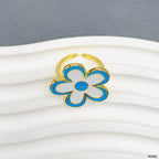 Flower Enamel Blue White 18K Gold Anti Tarnish Adjustable Ring Bulk