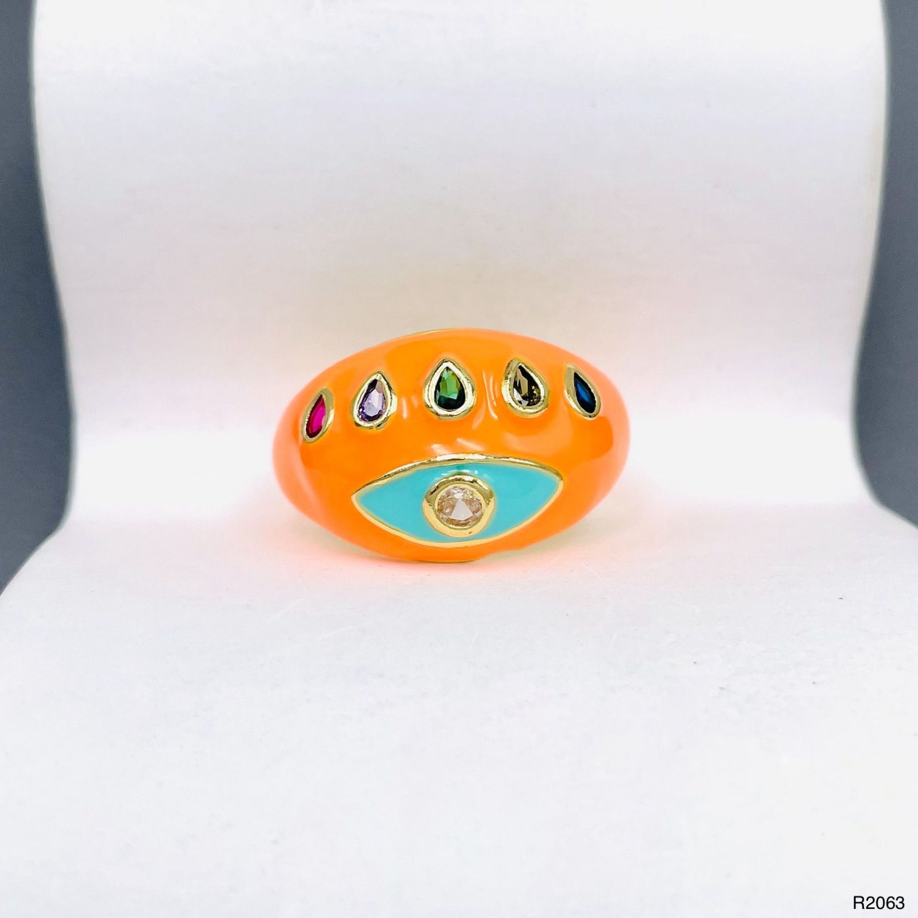 Evil Eye Crystal Enamel Orange Gold Anti Tarnish Adjustable Ring Bulk Main image