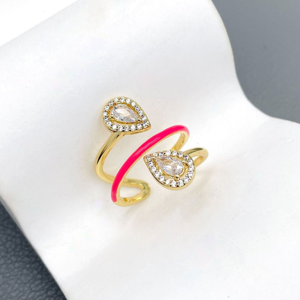 Drop Solitaire CZ Enamel Pink Gold Anti Tarnish Adjustable Ring Bulk