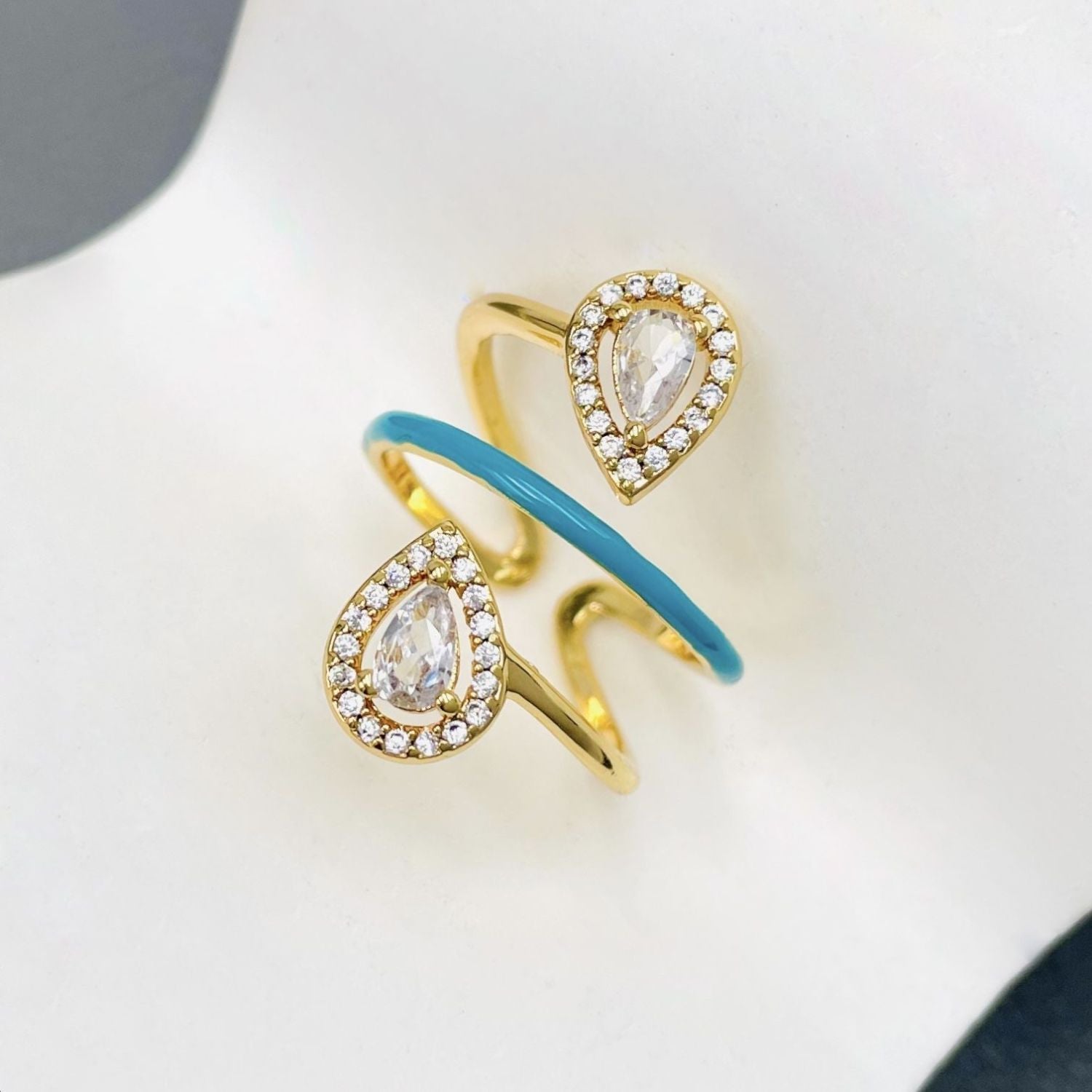 Drop Solitaire CZ Enamel Pink Gold Anti Tarnish Adjustable Ring Bulk