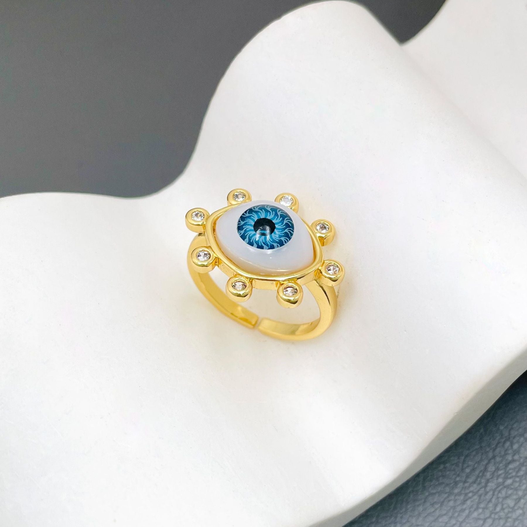 Eyelash Evil Eye CZ Blue 18K Gold Anti Tarnish Adjustable Ring Bulk