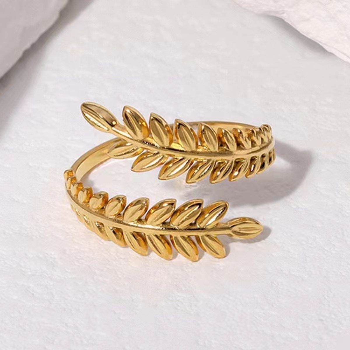 Dual Leaf Each 18K Gold Stainless Steel Free Size Ring Women Bulk