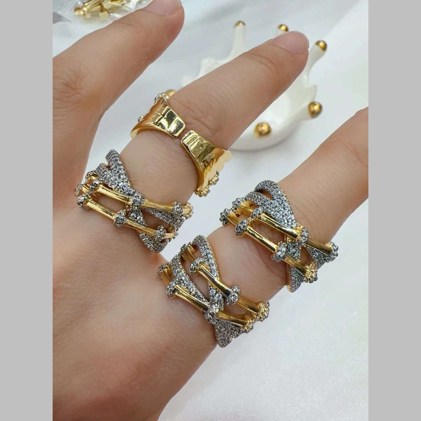 Cross Over CZ 18K Gold Silver Anti Tarnish Free Size Ring Bulk