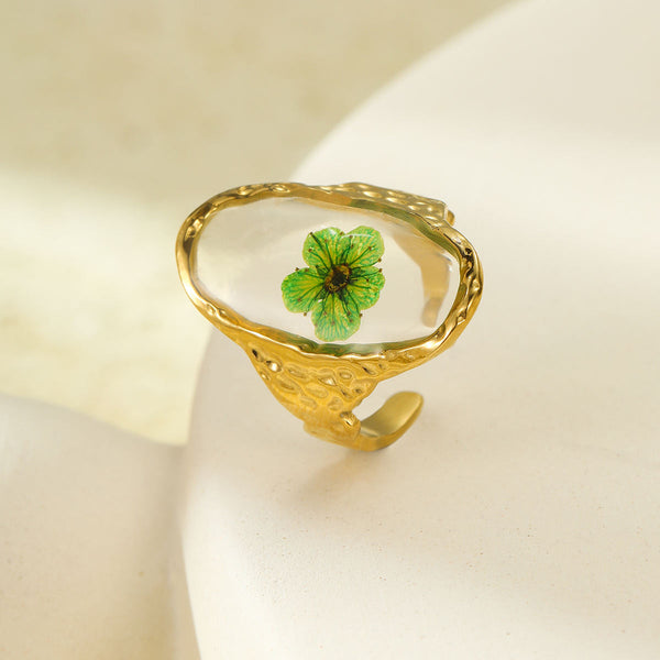 Oval Flower Transparent Green Gold Anti Tarnish Free Size Ring Bulk Main image