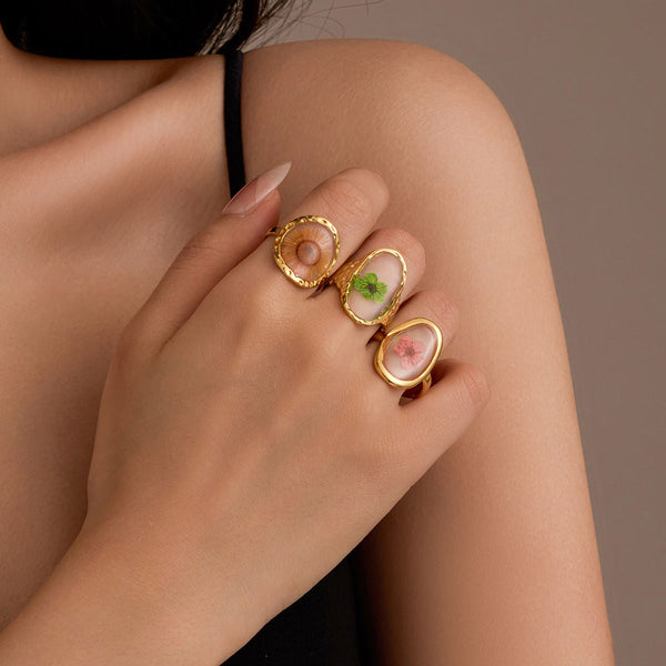 Oval Flower Transparent Green Gold Anti Tarnish Free Size Ring Bulk Secondary image