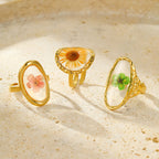Oval Flower Transparent Green Gold Anti Tarnish Free Size Ring Bulk