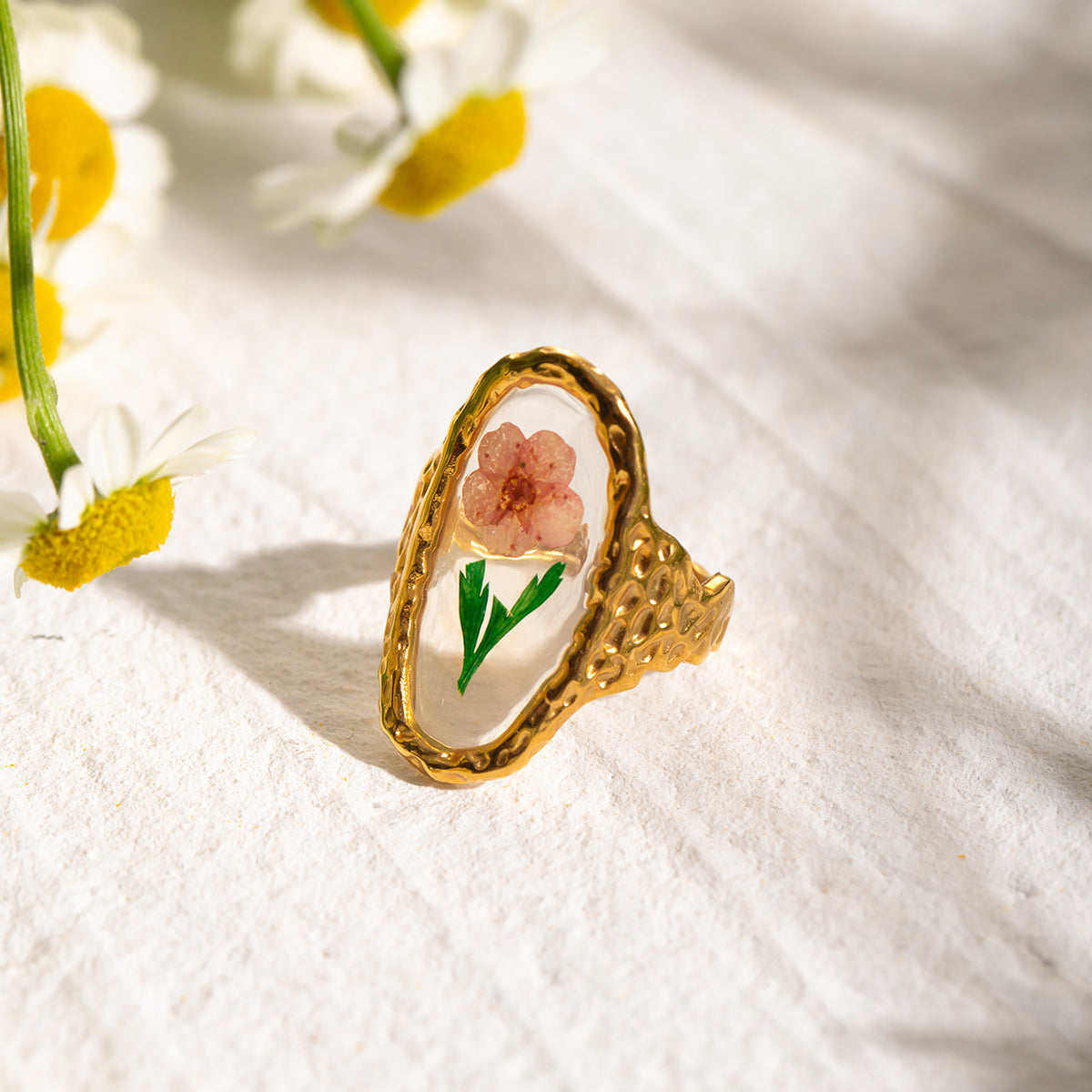Oval Flower Transparent Red Green Gold Anti Tarnish Ring Bulk