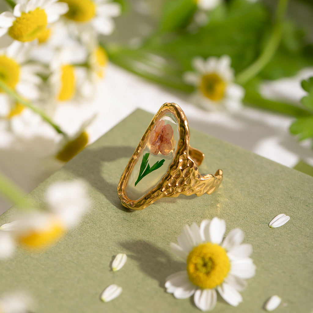 Oval Flower Transparent Red Green Gold Anti Tarnish Ring Bulk