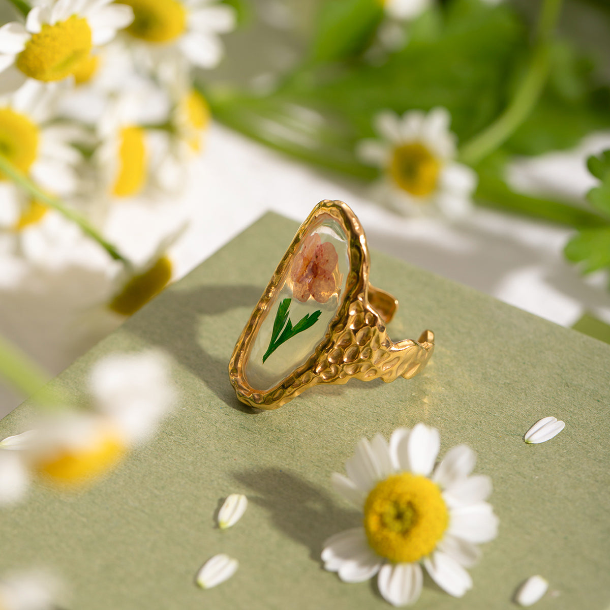 Oval Flower Transparent Red Green Gold Anti Tarnish Ring Bulk