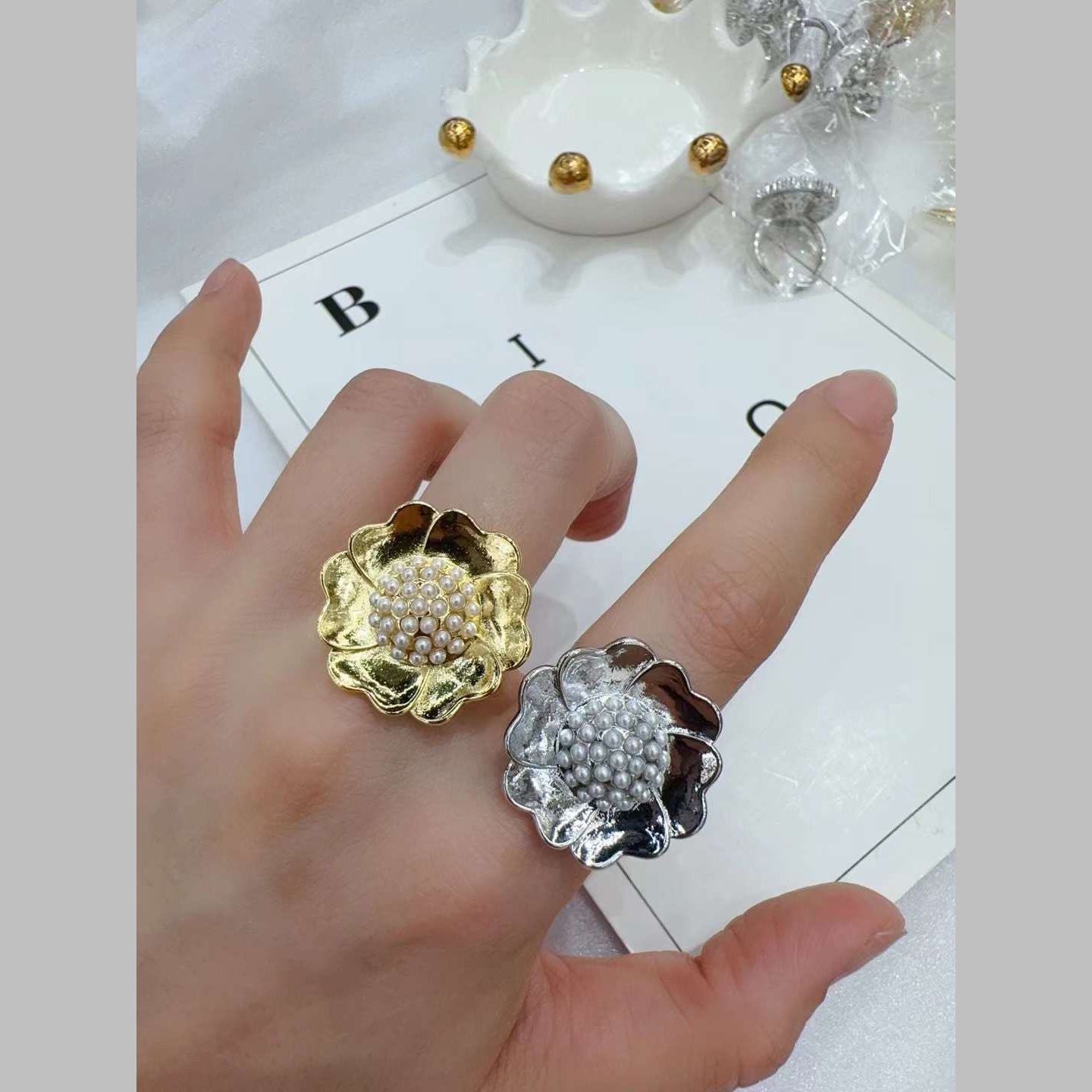 Sun Flower 18K Gold Pearl Anti Tarnish Free Size Ring For Women Bulk Main image