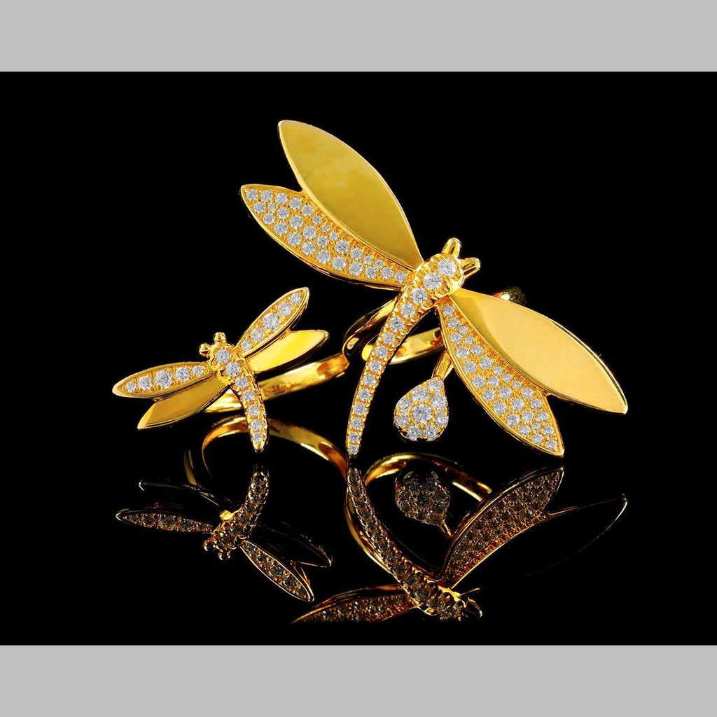 Exquisite Dragonfly CZ Gold Anti Tarnish Dual Finger Ring Bulk