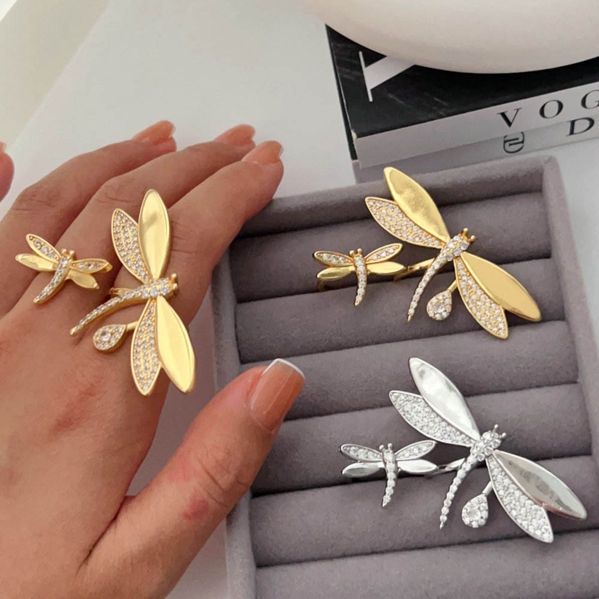 Exquisite Dragonfly CZ Gold Anti Tarnish Dual Finger Ring Bulk