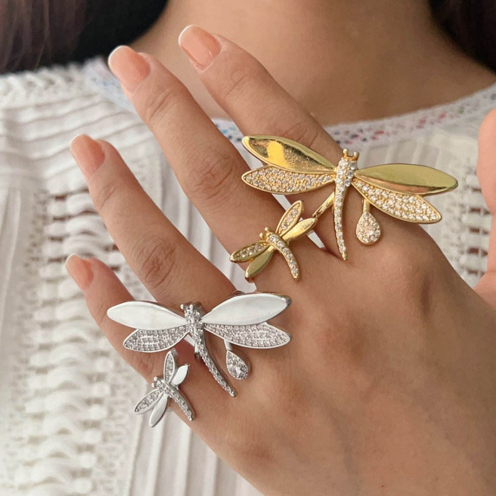 Exquisite Dragonfly CZ Gold Anti Tarnish Dual Finger Ring Bulk