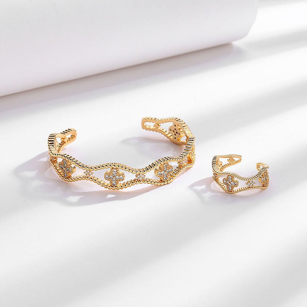Clover Flower CZ 18K Gold Anti Tarnish Adjustable Ring Bulk