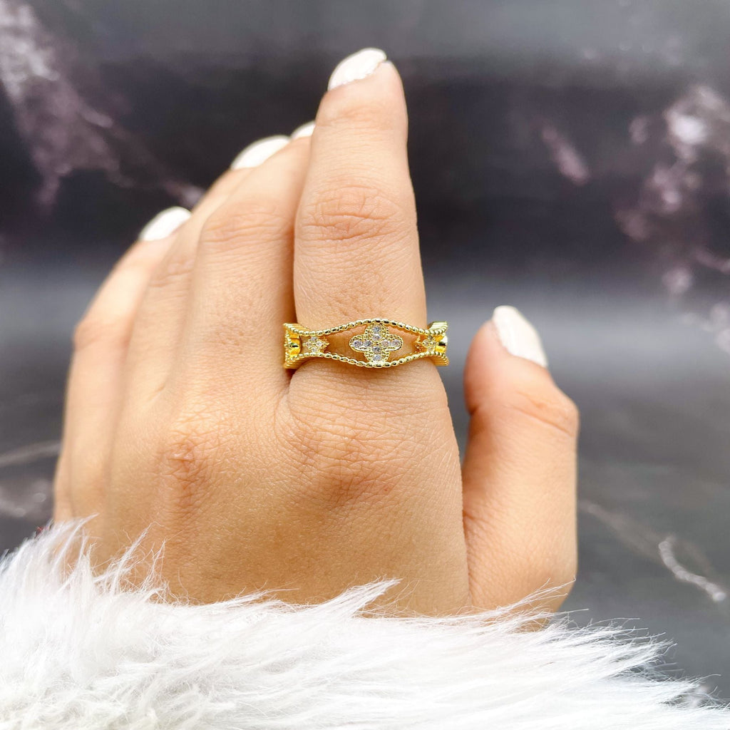 Clover Flower CZ 18K Gold Anti Tarnish Adjustable Ring Bulk